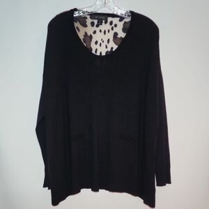 ST JOHN Black Silk & Cashmere Top with Animal Print Detail